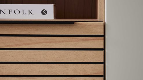 Lowboard Interliving aus Holz in Beige Interliving Wohnzimmer Serie 2032 - Lowboard Sandbeige & Balkenbuche - dreiteilig, Länge ca. 210 cm