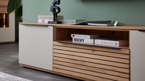 Lowboard Interliving aus Holz in Beige Interliving Wohnzimmer Serie 2032 - Lowboard Sandbeige & Balkenbuche - dreiteilig, Länge ca. 210 cm