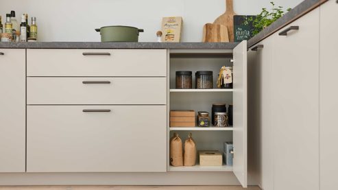 Einbauküche culineo® aus Holz in Beige Culineo® Einbauküche C615 mit Einbaugeräten Sand - Stellfläche ca. 370 x 395 cm