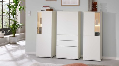 Highboard Interliving aus Holz in Weiß Interliving Wohnzimmer Serie 2031 - Highboardkombination Tonweiß - dreiteilig, Breite ca. 180 cm