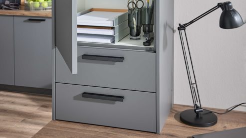 Einbauküche culineo® aus Holz in Dunkelgrau Culineo® Einbauküche C357 mit Homeoffice-Platz Schiefergrau & Schwarzglas - dreizeilig